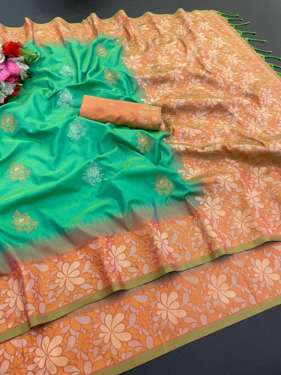 Premium Banarasi Handloom Silk Saree with Copper Zari Floral Weaving - GREEN