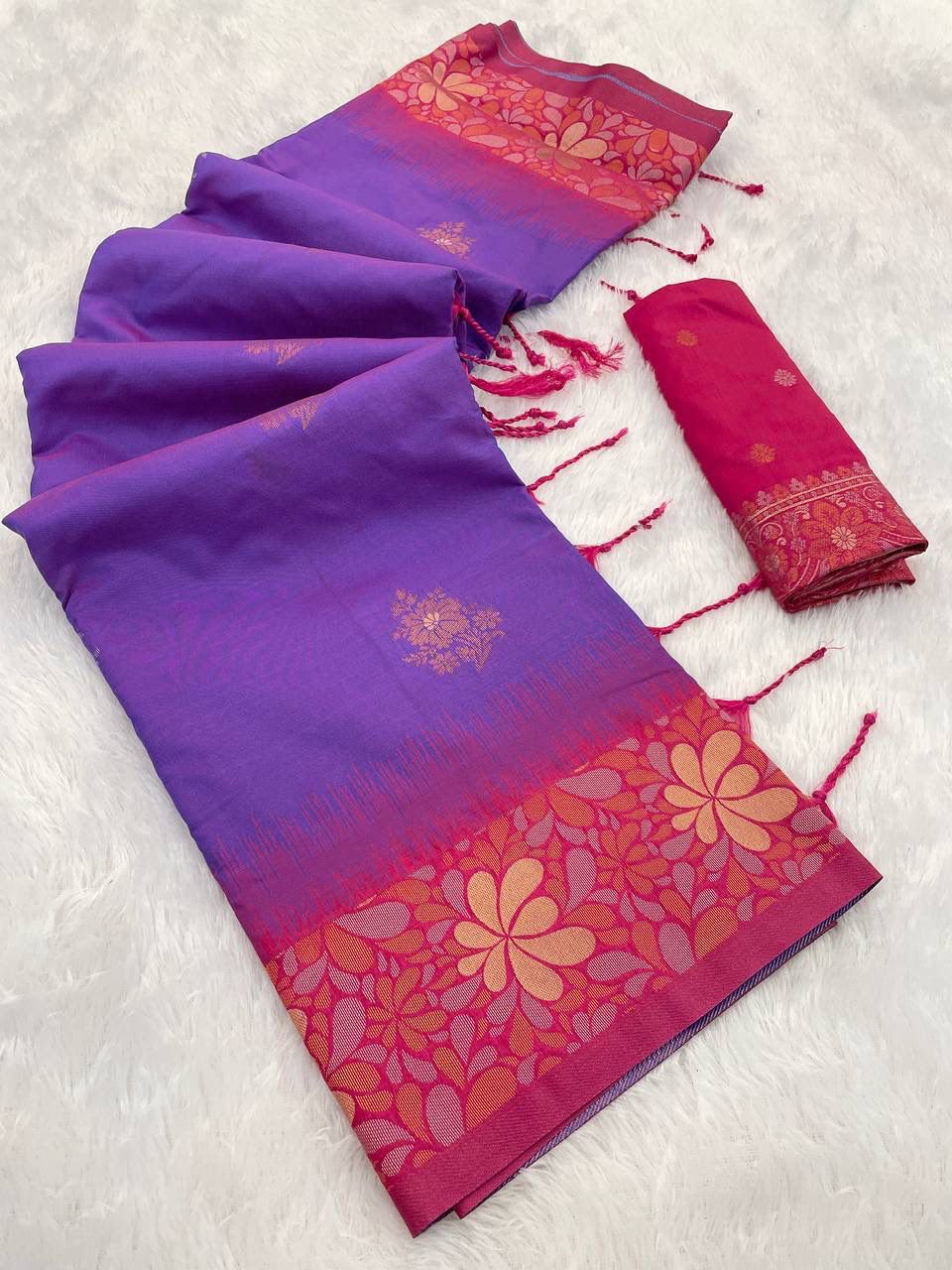 Premium Banarasi Handloom Silk Saree with Copper Zari Floral Weaving - PURPLE