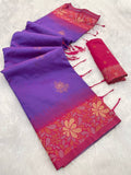 Premium Banarasi Handloom Silk Saree with Copper Zari Floral Weaving - PURPLE