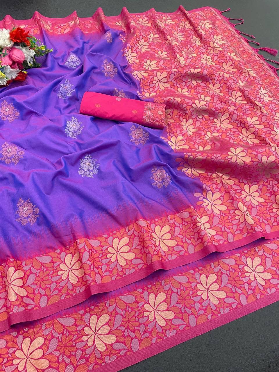 Premium Banarasi Handloom Silk Saree with Copper Zari Floral Weaving - PURPLE