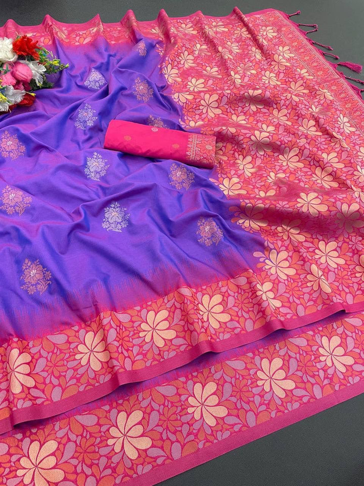 Premium Banarasi Handloom Silk Saree with Copper Zari Floral Weaving - PURPLE