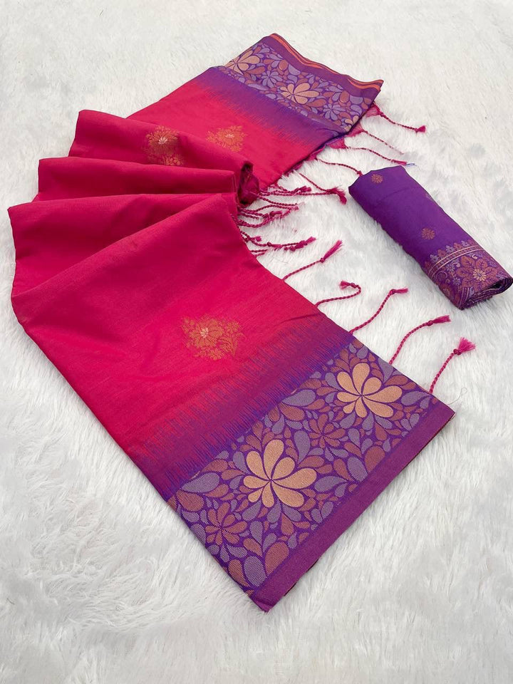 Premium Banarasi Handloom Silk Saree with Copper Zari Floral Weaving - PINK