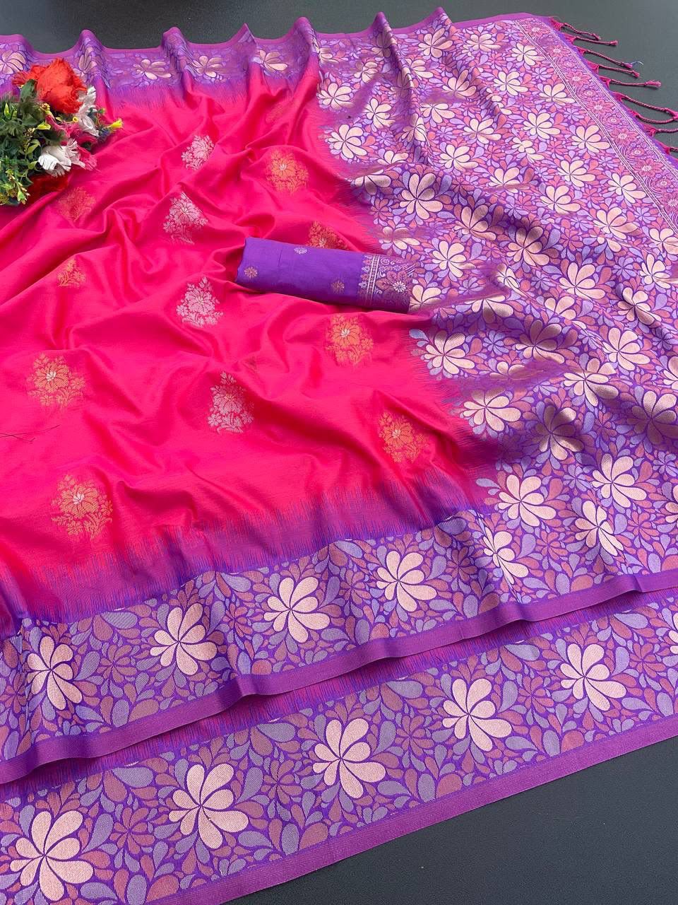 Premium Banarasi Handloom Silk Saree with Copper Zari Floral Weaving - PINK