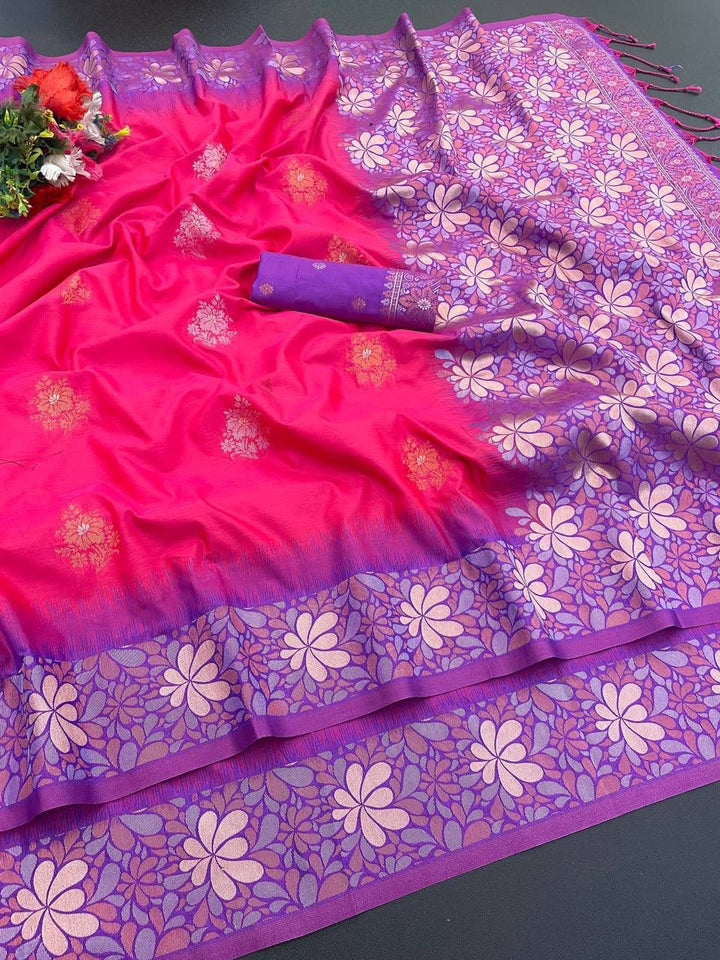 Premium Banarasi Handloom Silk Saree with Copper Zari Floral Weaving - PINK