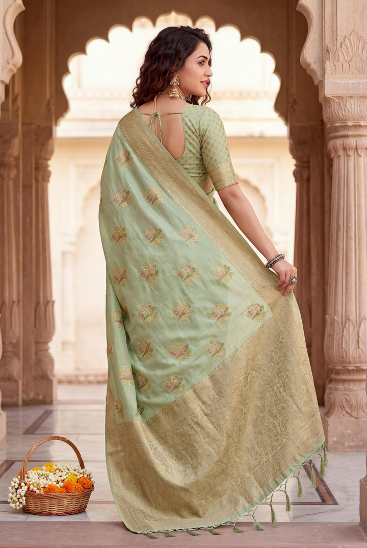 Pure Hand-Dyed Nylon Kadi Crepe Georgette Meenakari Jacquard Saree - PARROT