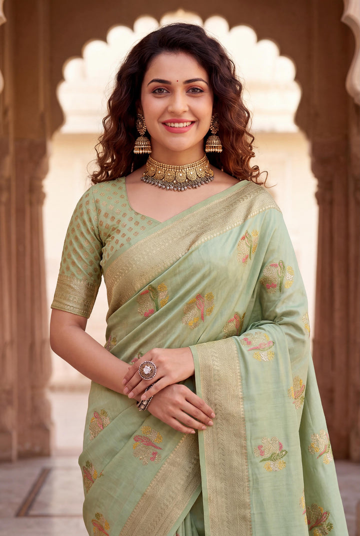 Pure Hand-Dyed Nylon Kadi Crepe Georgette Meenakari Jacquard Saree - PARROT