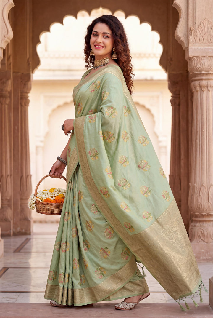 Pure Hand-Dyed Nylon Kadi Crepe Georgette Meenakari Jacquard Saree - PARROT