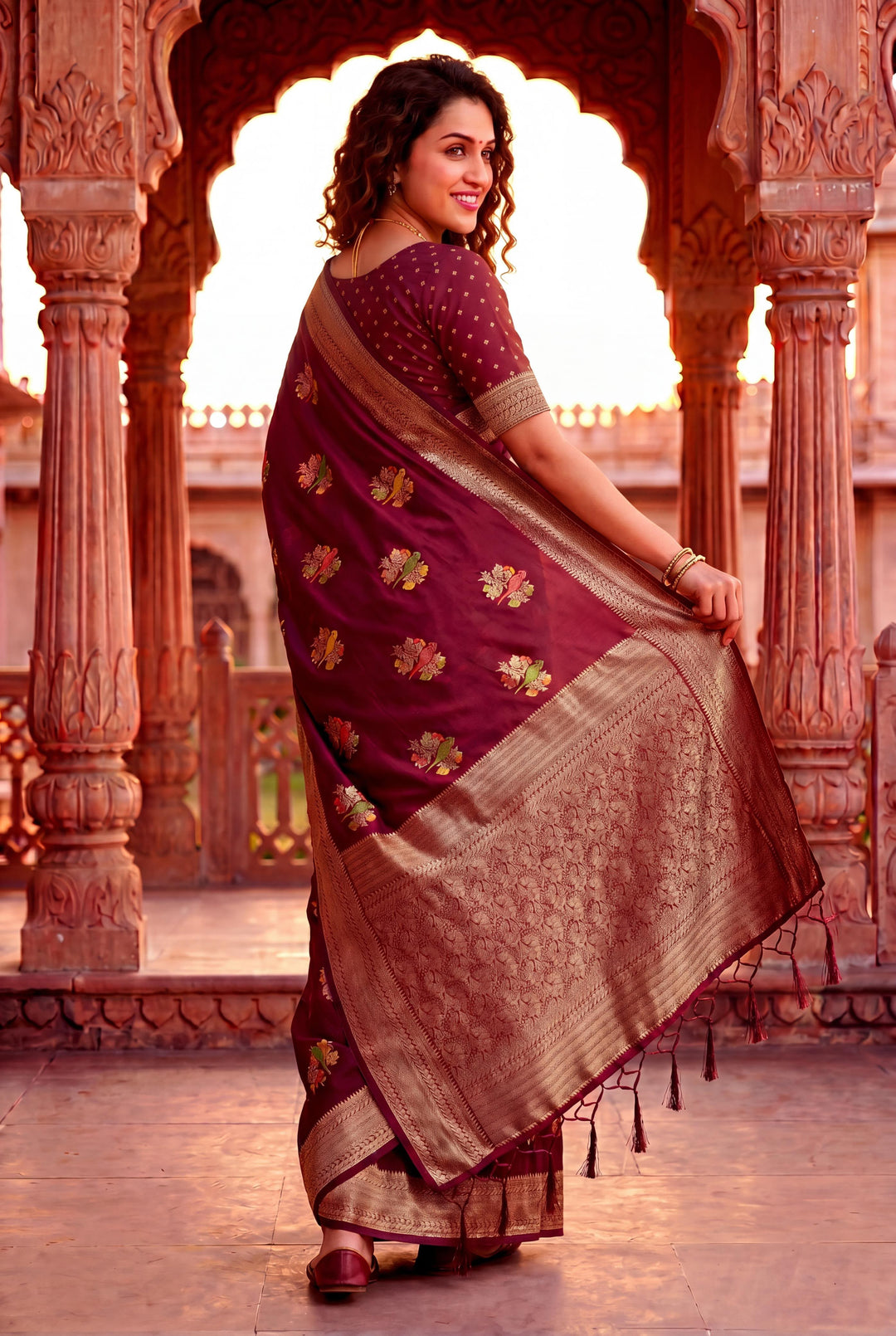 Pure Hand-Dyed Nylon Kadi Crepe Georgette Meenakari Jacquard Saree - MAROON