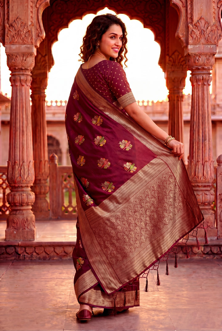 Pure Hand-Dyed Nylon Kadi Crepe Georgette Meenakari Jacquard Saree - MAROON