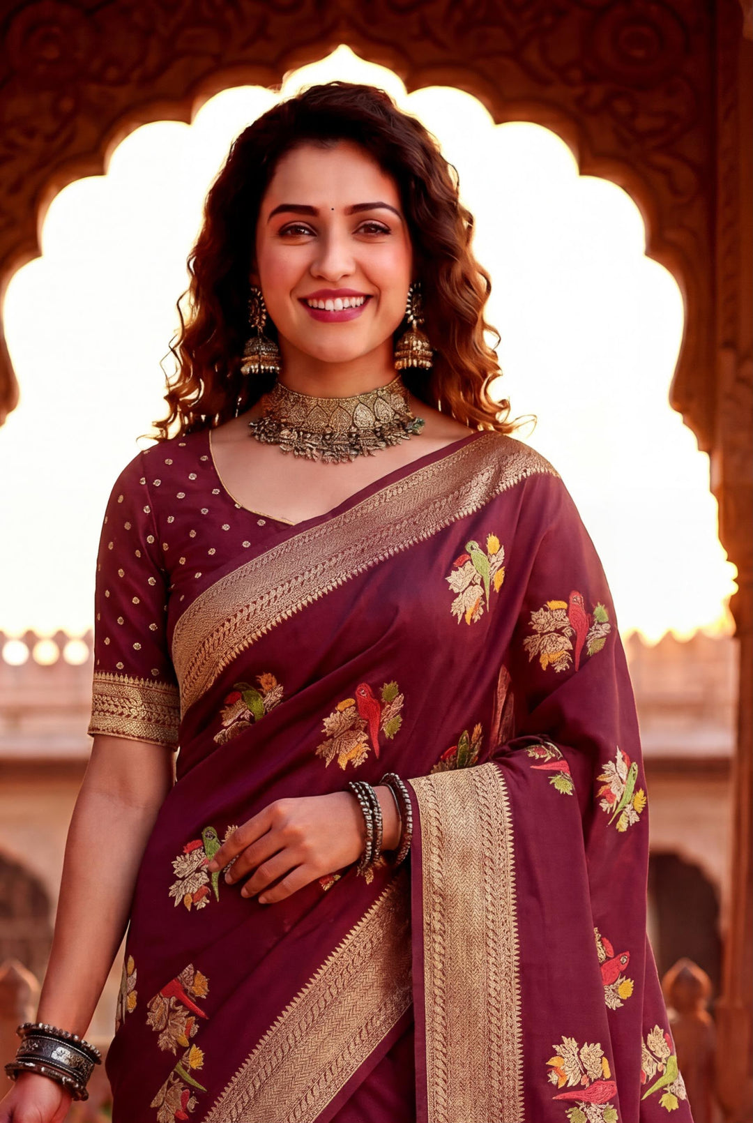 Pure Hand-Dyed Nylon Kadi Crepe Georgette Meenakari Jacquard Saree - MAROON
