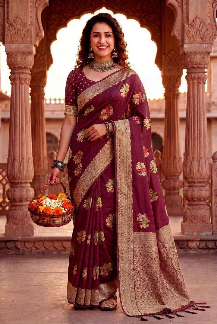 Pure Hand-Dyed Nylon Kadi Crepe Georgette Meenakari Jacquard Saree - MAROON