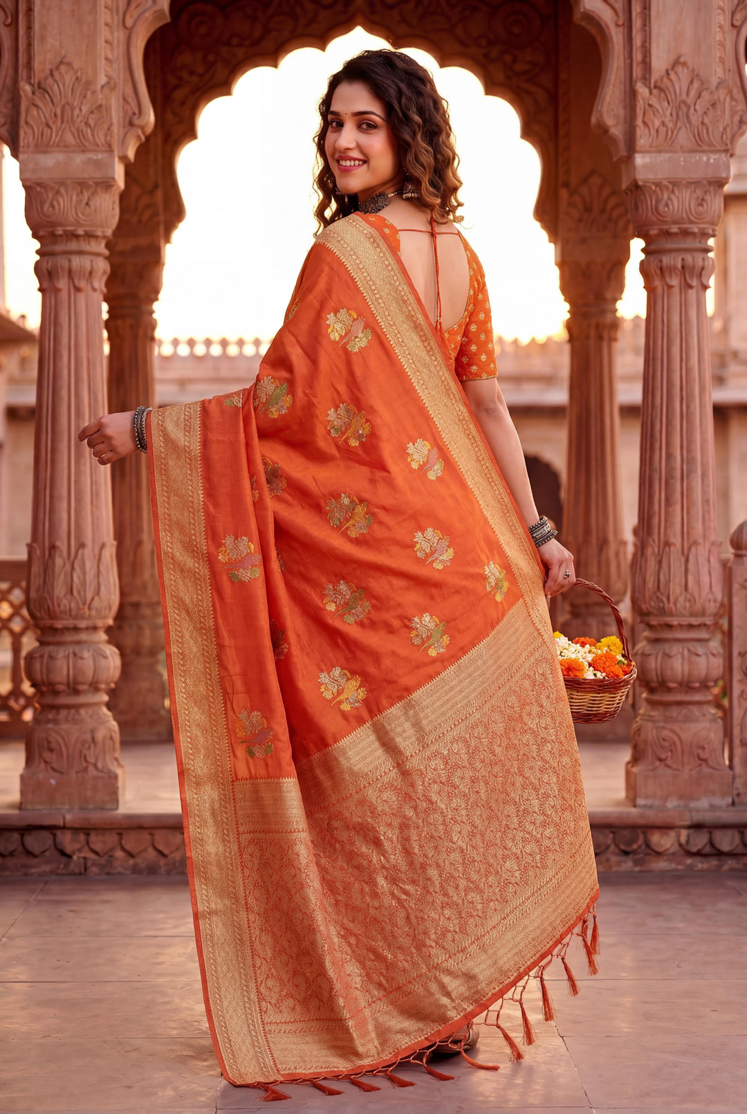 Pure Hand-Dyed Nylon Kadi Crepe Georgette Meenakari Jacquard Saree - ORANGE
