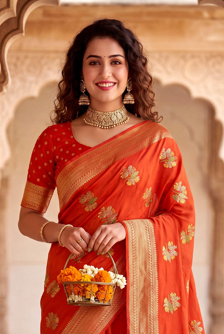 Pure Hand-Dyed Nylon Kadi Crepe Georgette Meenakari Jacquard Saree - ORANGE