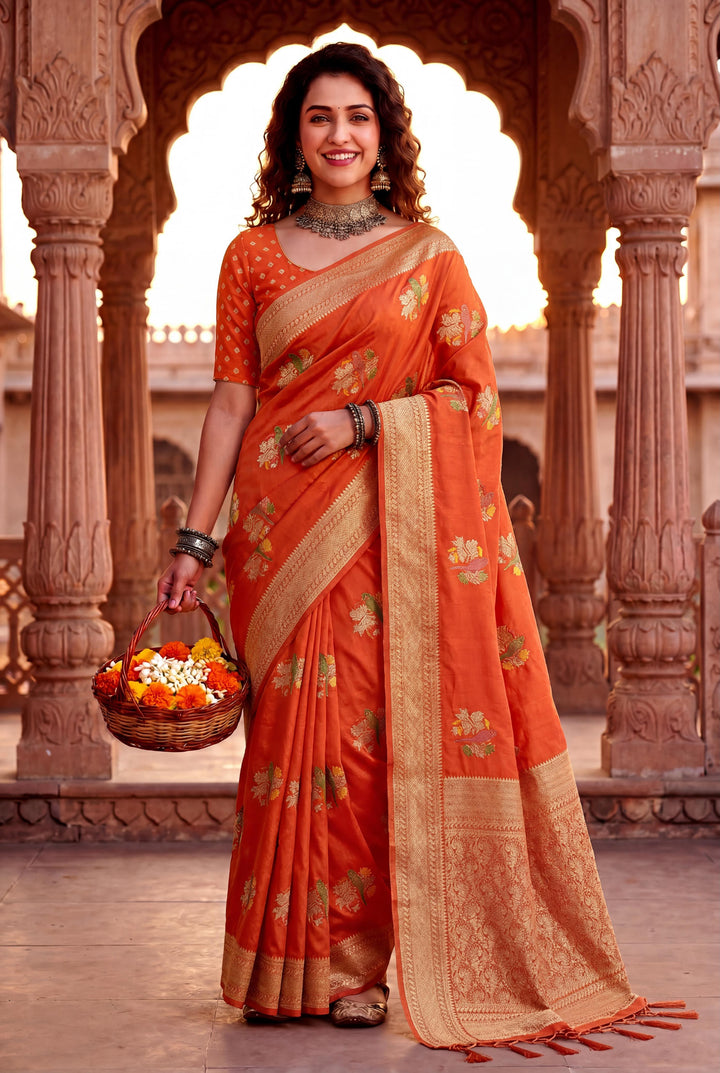 Pure Hand-Dyed Nylon Kadi Crepe Georgette Meenakari Jacquard Saree - ORANGE