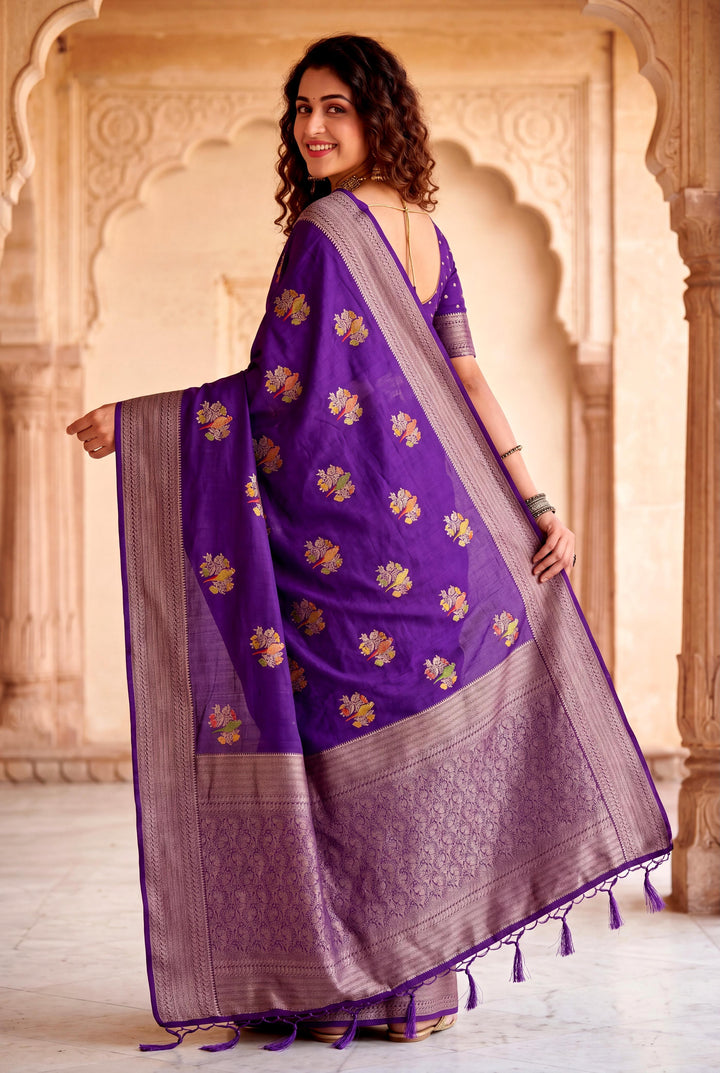 Pure Hand-Dyed Nylon Kadi Crepe Georgette Meenakari Jacquard Saree - PURPLE
