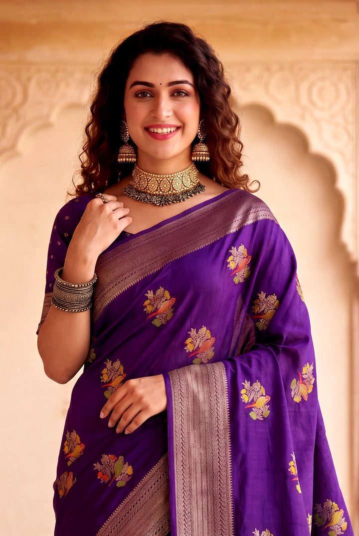 Pure Hand-Dyed Nylon Kadi Crepe Georgette Meenakari Jacquard Saree - PURPLE