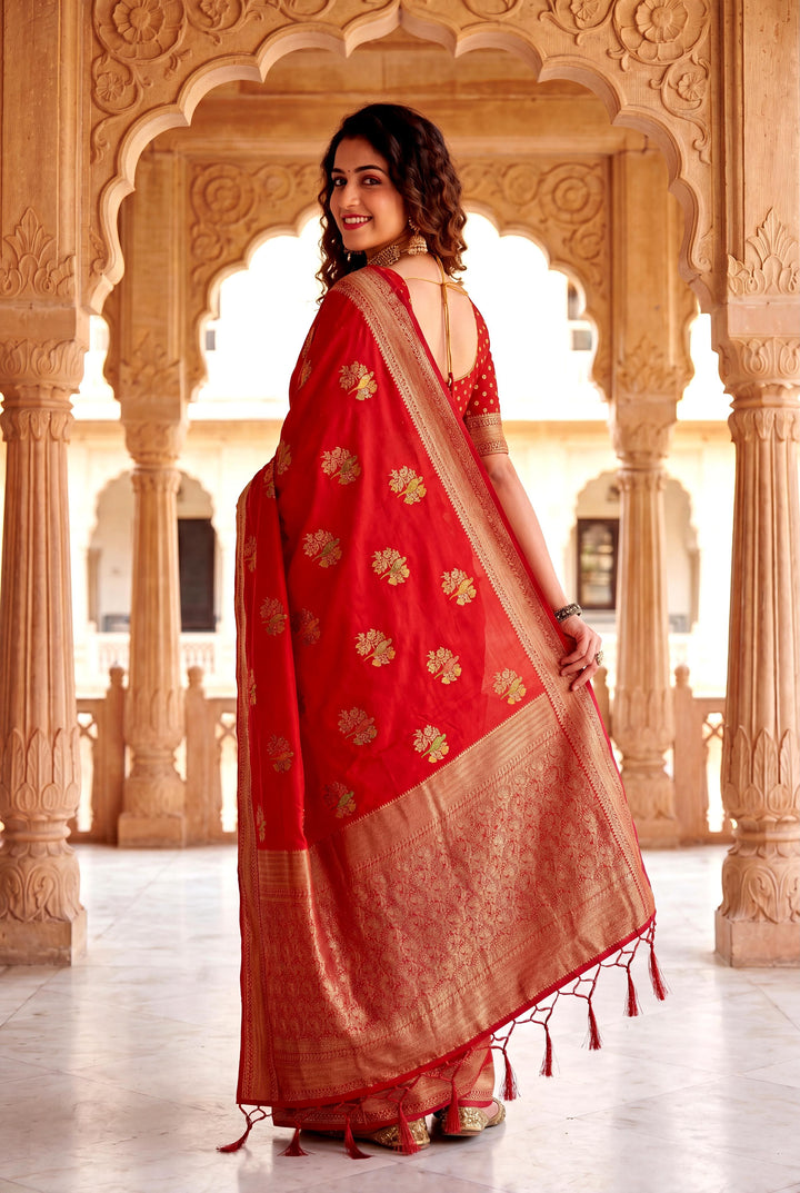 Pure Hand-Dyed Nylon Kadi Crepe Georgette Meenakari Jacquard Saree - RED