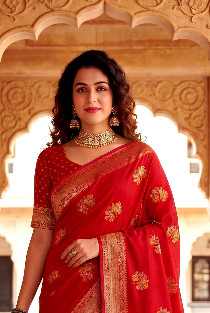 Pure Hand-Dyed Nylon Kadi Crepe Georgette Meenakari Jacquard Saree - RED