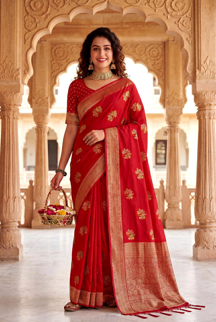 Pure Hand-Dyed Nylon Kadi Crepe Georgette Meenakari Jacquard Saree - RED