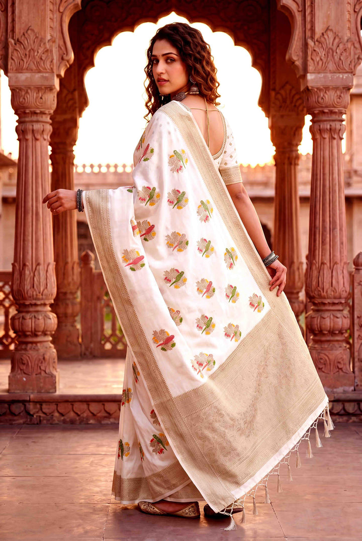 Pure Hand-Dyed Nylon Kadi Crepe Georgette Meenakari Jacquard Saree - WHITE