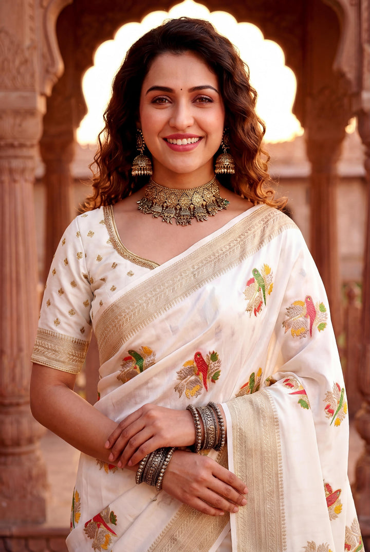 Pure Hand-Dyed Nylon Kadi Crepe Georgette Meenakari Jacquard Saree - WHITE