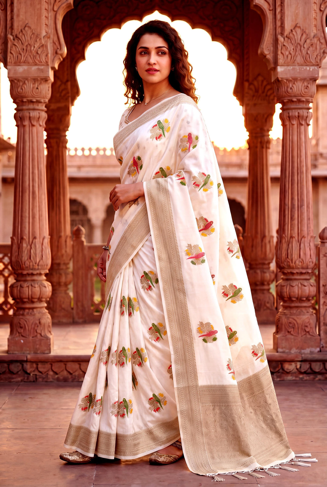 Pure Hand-Dyed Nylon Kadi Crepe Georgette Meenakari Jacquard Saree - WHITE