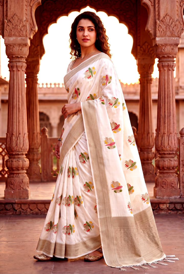 Pure Hand-Dyed Nylon Kadi Crepe Georgette Meenakari Jacquard Saree - WHITE
