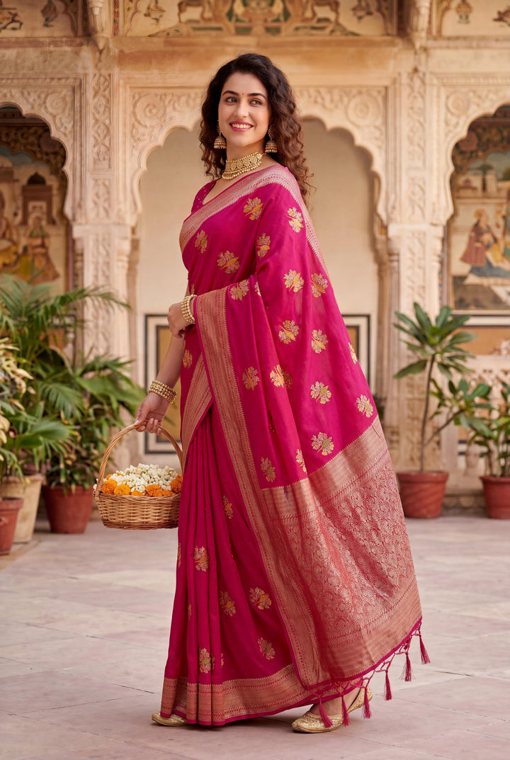 Pure Hand-Dyed Nylon Kadi Crepe Georgette Meenakari Jacquard Saree - PINK
