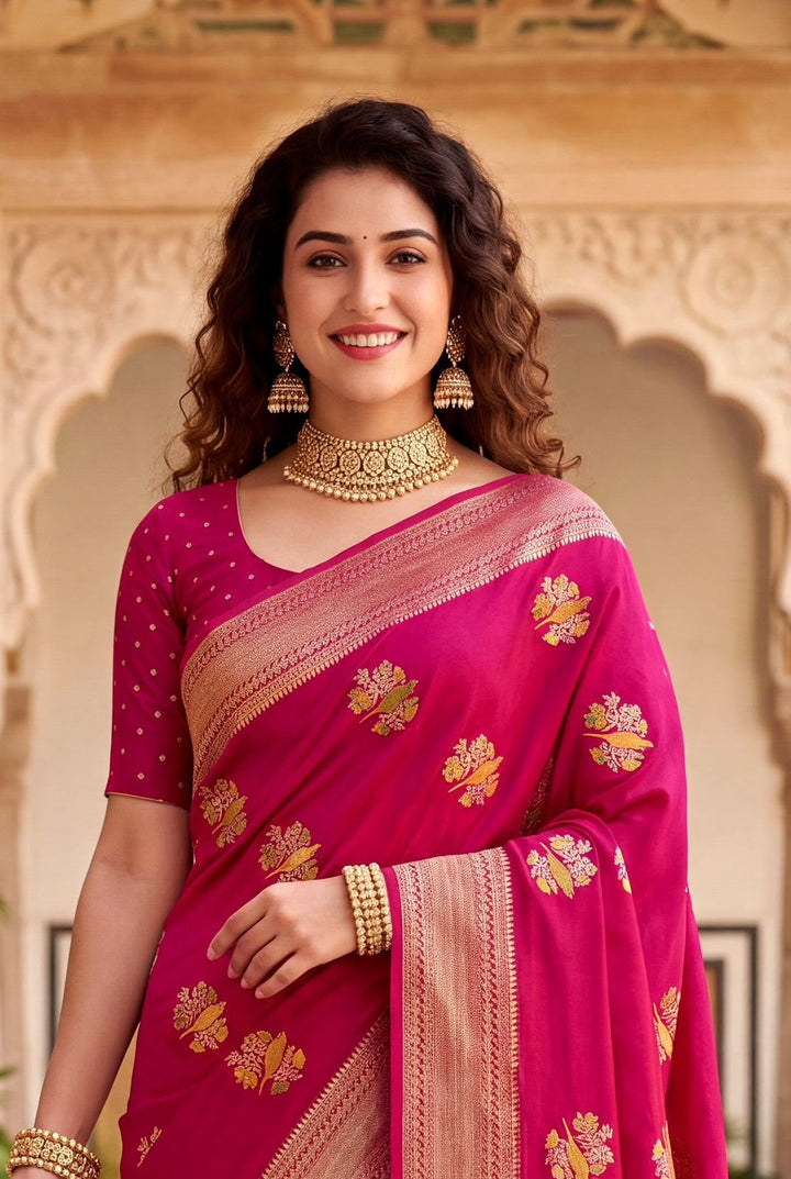 Pure Hand-Dyed Nylon Kadi Crepe Georgette Meenakari Jacquard Saree - PINK