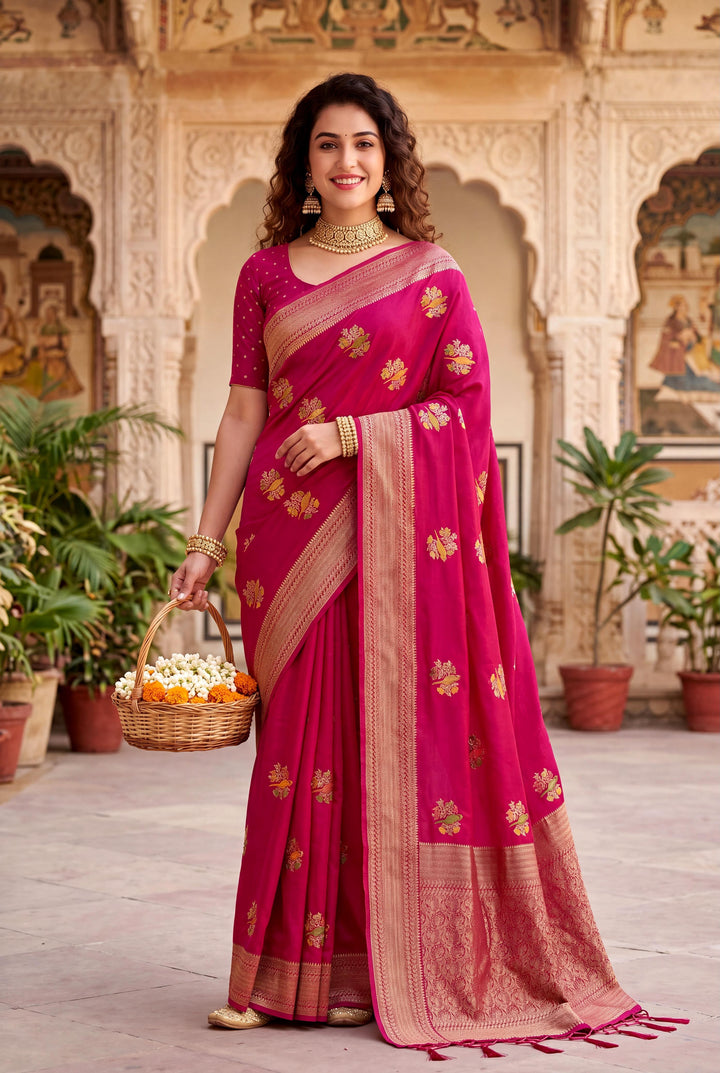 Pure Hand-Dyed Nylon Kadi Crepe Georgette Meenakari Jacquard Saree - PINK