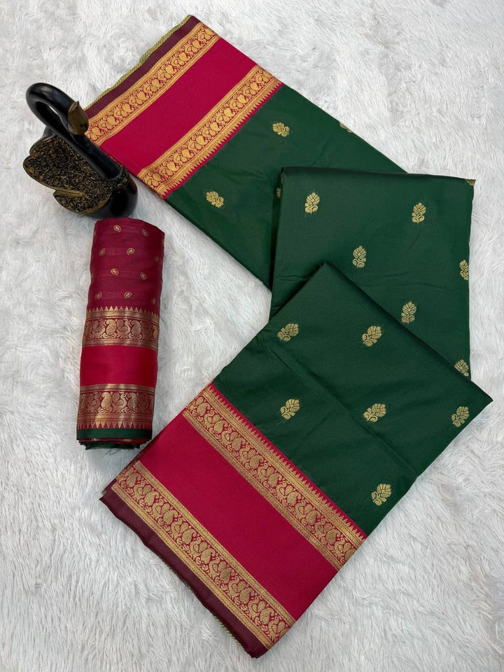 Premium Kanjivaram Soft Silk Saree with Copper Zari Jaal Weaves &amp; Rich Zari Pallu -GREEN