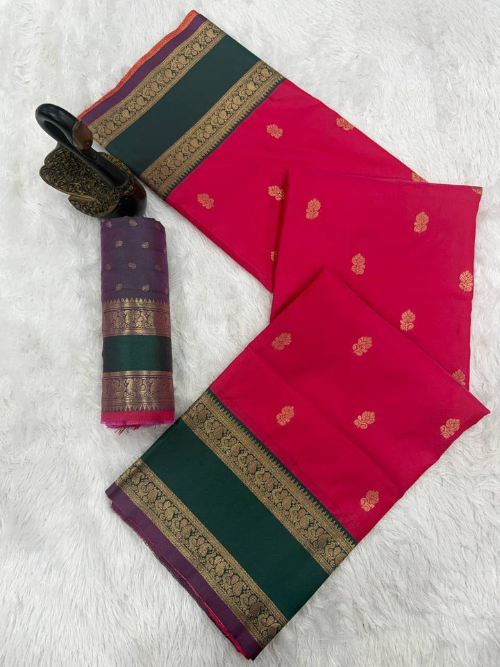 Premium Kanjivaram Soft Silk Saree with Copper Zari Jaal Weaves &amp; Rich Zari Pallu -DARK PINK
