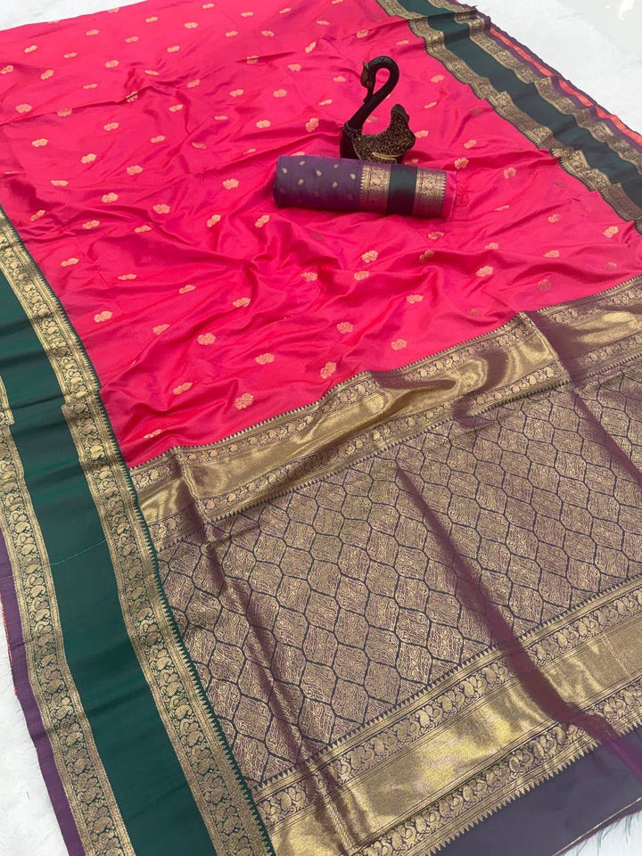 Premium Kanjivaram Soft Silk Saree with Copper Zari Jaal Weaves &amp; Rich Zari Pallu -DARK PINK