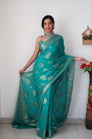 Radiant 1-Minute Ready To Wear Sea Green Cotton Silk Saree
