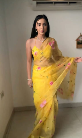 Glamorous 1-Minute Ready To Wear Yellow Organza Silk Saree