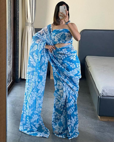 Adorning 1-Minute Ready To Wear Firozi Georgette Saree