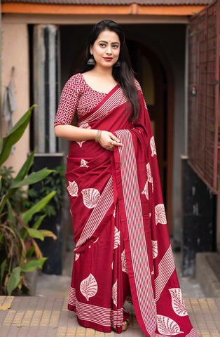 Purple and White Printed Mulmul Cotton Saree