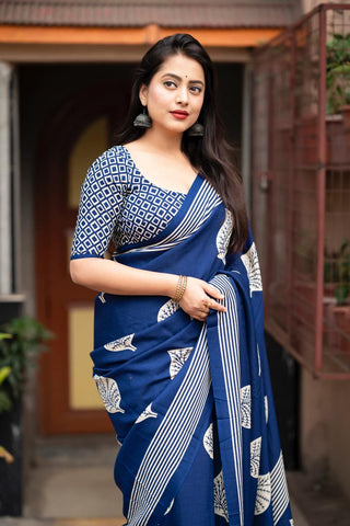 Purple and White Printed Mulmul Cotton Saree