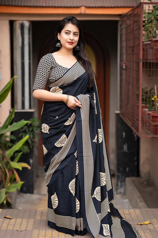 Purple and White Printed Mulmul Cotton Saree