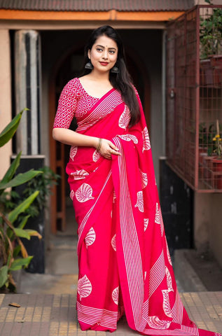 Purple and White Printed Mulmul Cotton Saree