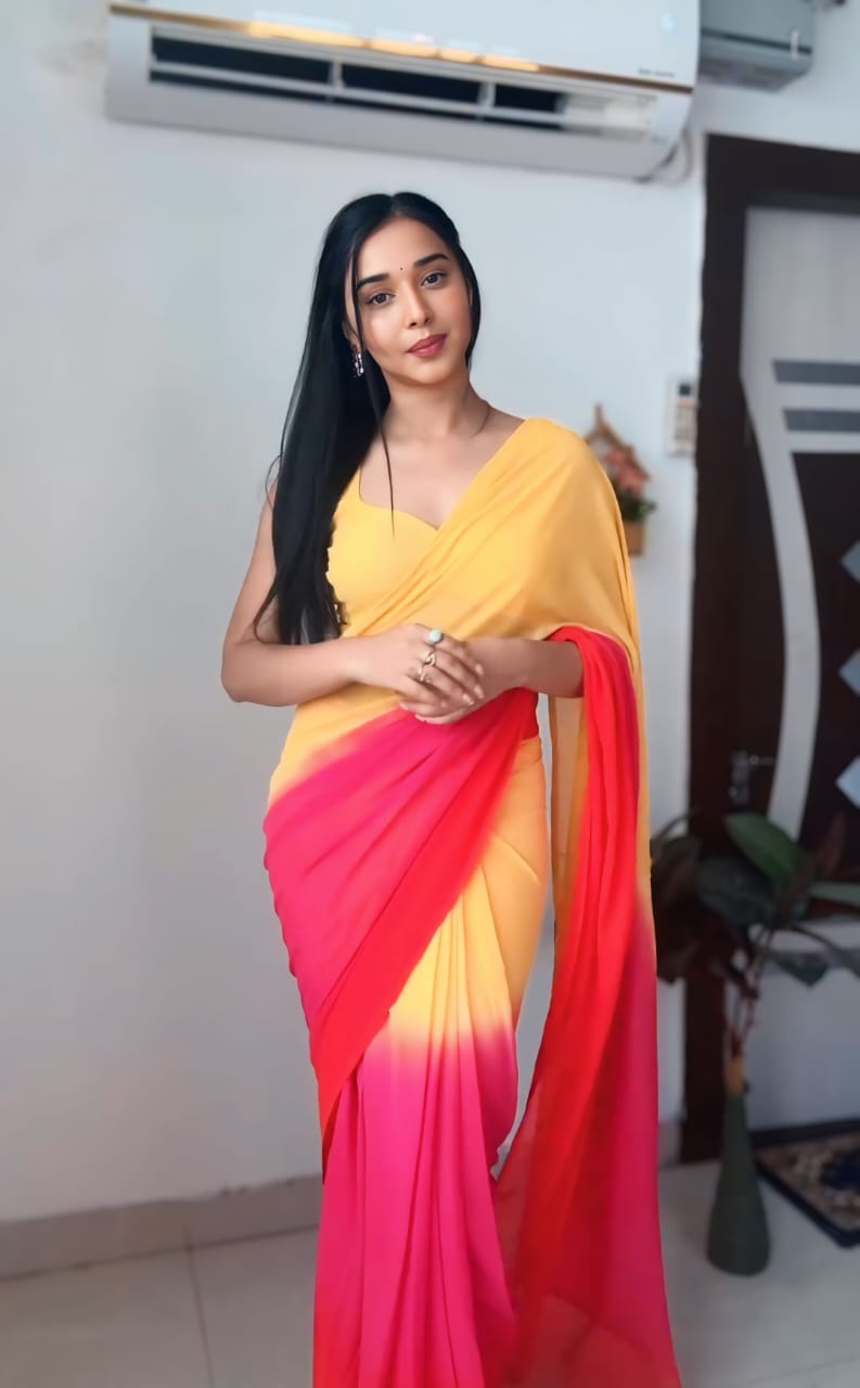 Yellow Color Georgette 1 Min Ready To Wear Saree