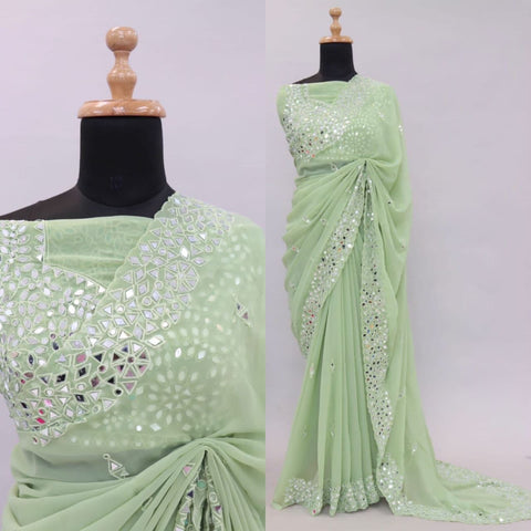 Rani Pink Satin Chiffon Saree With Mirror Embroidery And Unstitched Blouse