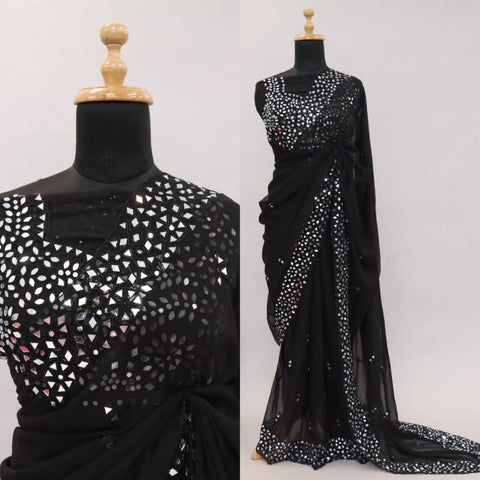 Rani Pink Satin Chiffon Saree With Mirror Embroidery And Unstitched Blouse
