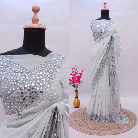 Rani Pink Satin Chiffon Saree With Mirror Embroidery And Unstitched Blouse