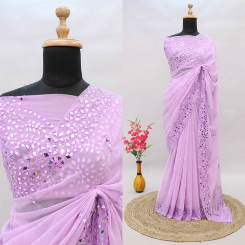 Rani Pink Satin Chiffon Saree With Mirror Embroidery And Unstitched Blouse