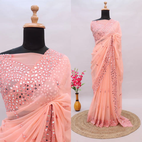 Rani Pink Satin Chiffon Saree With Mirror Embroidery And Unstitched Blouse