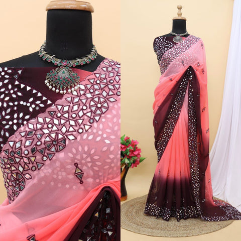 Rani Pink Satin Chiffon Saree With Mirror Embroidery And Unstitched Blouse