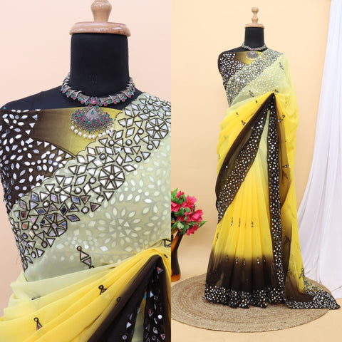 Rani Pink Satin Chiffon Saree With Mirror Embroidery And Unstitched Blouse