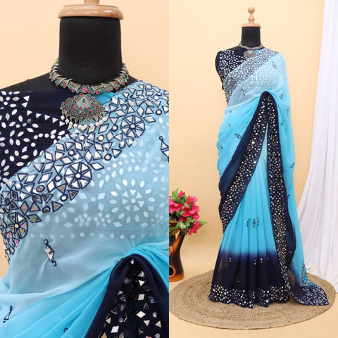 Rani Pink Satin Chiffon Saree With Mirror Embroidery And Unstitched Blouse