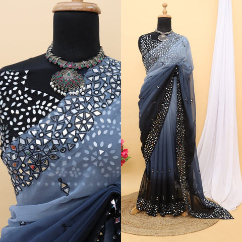 Rani Pink Satin Chiffon Saree With Mirror Embroidery And Unstitched Blouse